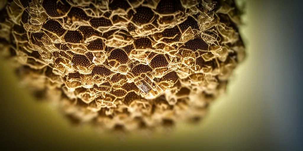 Prompt: cracked wasp nest trapped in an glass container in a lab, great light, cinematic light, amazing, beautifull, sci fi, futuristic, macro shot