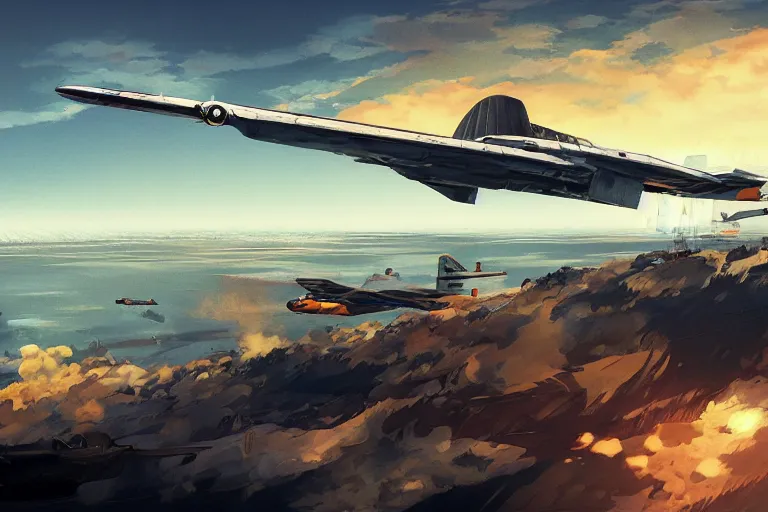 Image similar to dieselpunk digital illustration of a jet powered ekranoplan flying low across a topical gulf by makoto shinkai, ilya kuvshinov, lois van baarle, rossdraws, basquiat