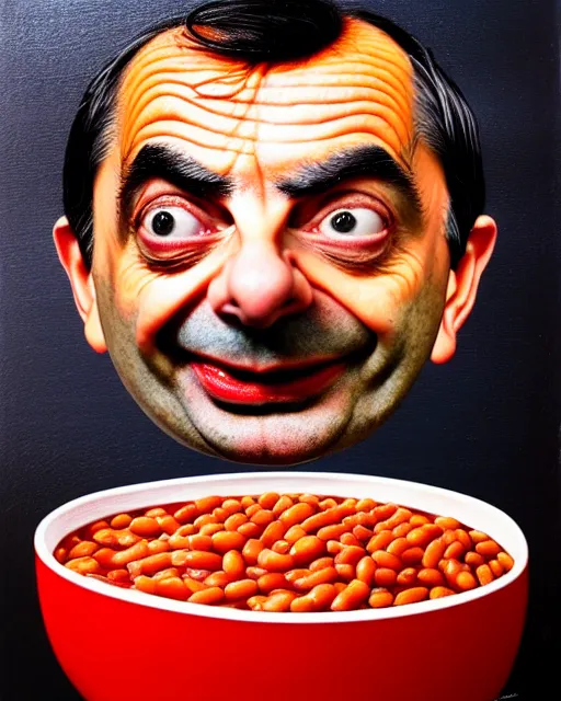 Image similar to portrait of mr bean's face in a bowl full of baked beans, head fully covered in beans and tomato sauce, beans on his eyes, tomato sauce on his skin, rowan atkinson, muted colors, surrealist oil painting, highly detailed