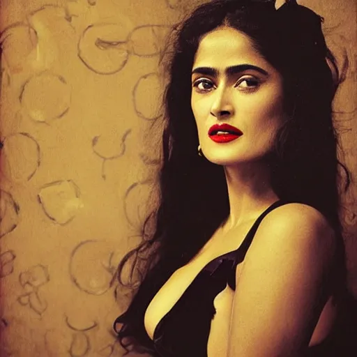 Prompt: salma hayek portrait, style by frida kahlo, art deco, portrait,