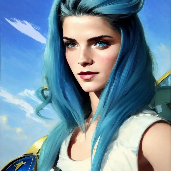 Prompt: portrait of a combination of Ashley Greene, Adriana Dxim, Grace Kelly and Emma Watson with blue hair wearing Interceptor's armor from Anthem, countryside, calm, fantasy character portrait, dynamic pose, above view, sunny day, thunder clouds in the sky, artwork by Jeremy Lipkin and Giuseppe Dangelico Pino and Michael Garmash and Rob Rey and Greg Manchess and Huang Guangjian, very coherent asymmetrical artwork, sharp edges, perfect face, simple form, 100mm