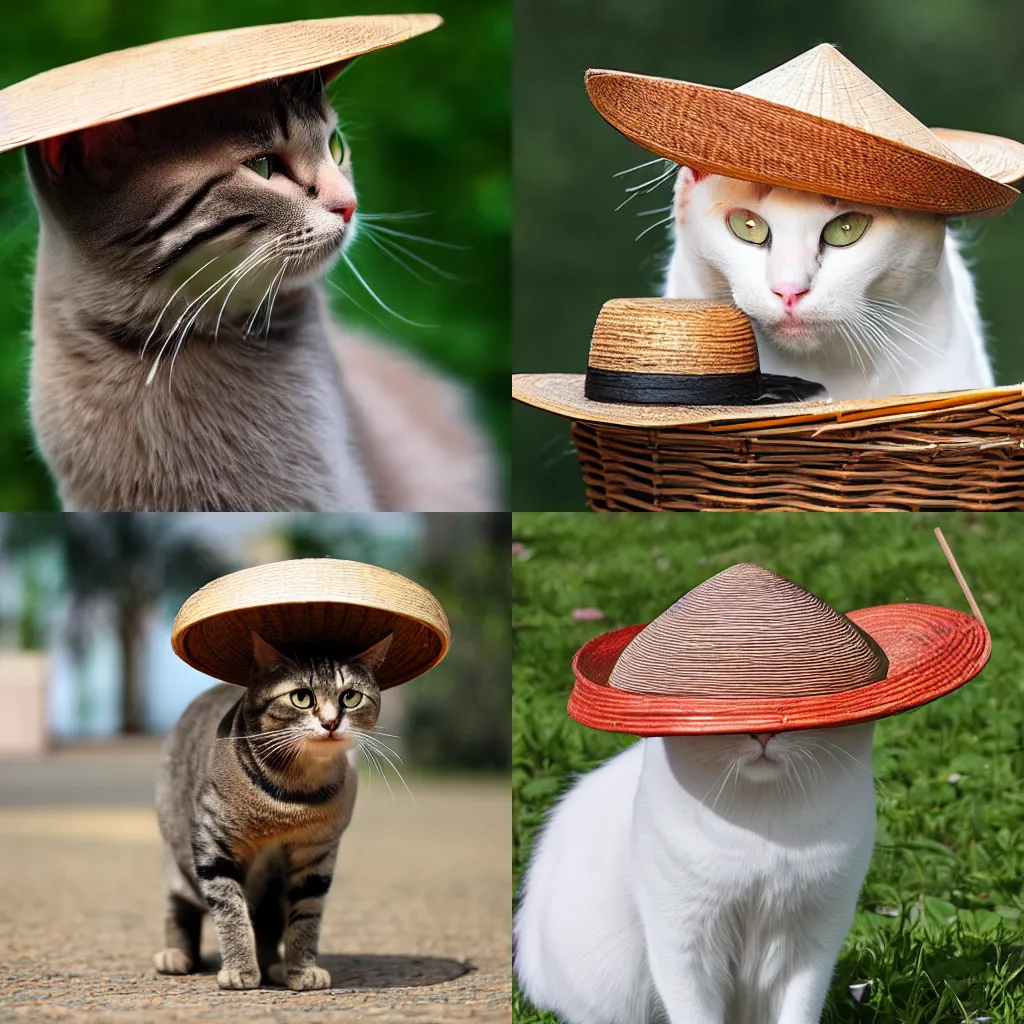 Prompt: A cat wearing a small vietnamese straw hat, award winning photo, 4K