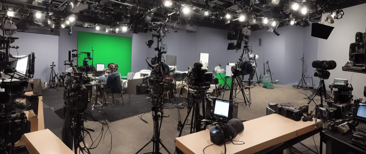 Prompt: photo of a movie set, green screen in the back, cameras and camera operators in the front, studio, movie set, realistic, studio lighting