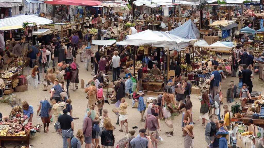 Prompt: a small town market of neanderthals, everyone is busy trading and having fun