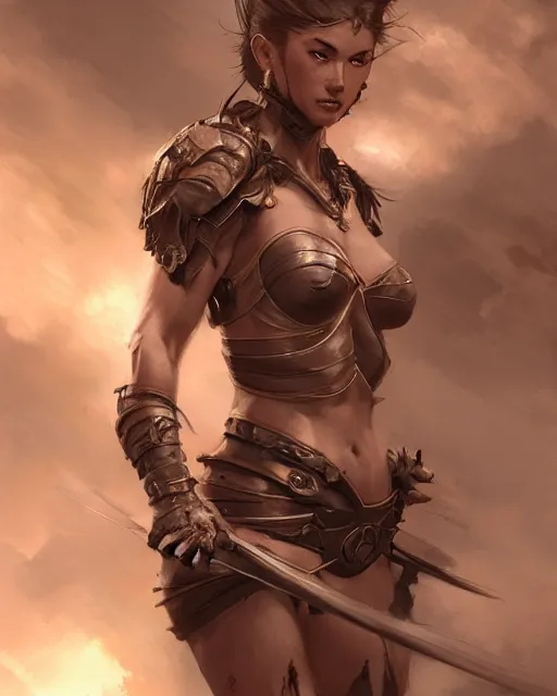 Prompt: beautiful female warrior, accurate anatomy, by stanley artgerm lau, wlop, rossdraws, frank frazetta, andrei riabovitchev, marc simonetti, tranding on artstation