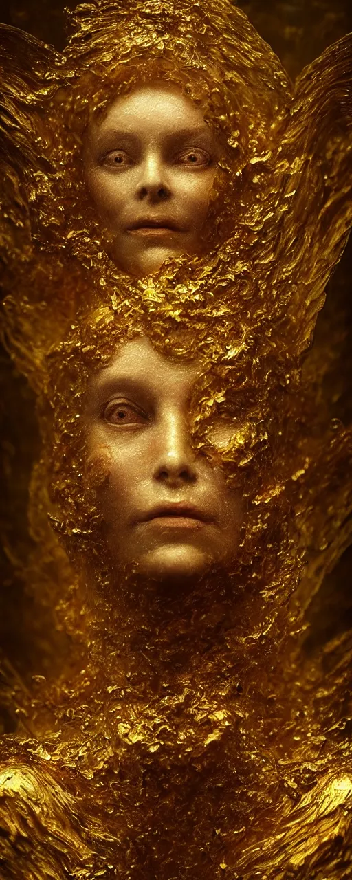 Prompt: Hyper realistic portrait of a beautiful old goddess floating, Liquid gold simulation in tornado, ancient fairy dust, ultra super good realistic 3D render by Pete Morbacher and Emil Melmoth, insanely detailed, trending on artstation, sharp focus