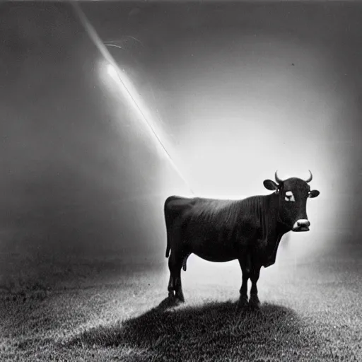 Image similar to vintage photograph from the 1 9 3 0 s of a cow being beamed up by aliens