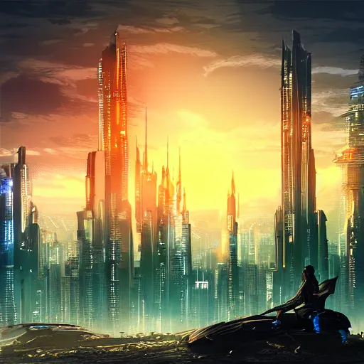 Image similar to Cyberpunk fantasy world with beautiful sunset