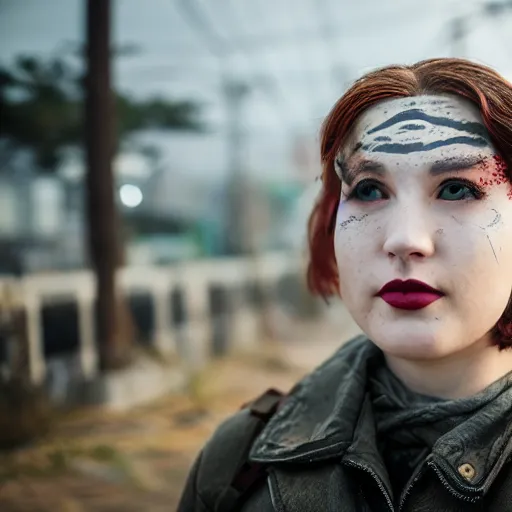 Image similar to Beautiful elegant female with smudged face, cosplaying as the Fallout 4 sole survivor, photographed on a slight overcast day on dilapitated street on Ikeshima island, Nikon D7100 with a Nikon 50mm F1.8, a Nikon 85mm F1.8, Golden hour, expressive face,