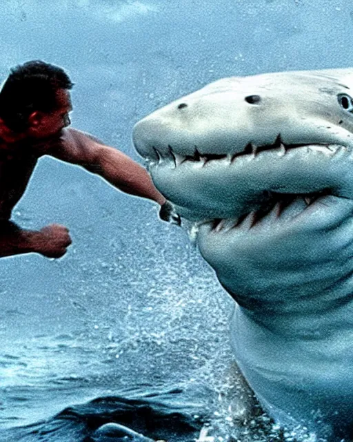 Image similar to film still close up shot of dwayne johnson fighting with a shark in the movie jaws. photographic, photography