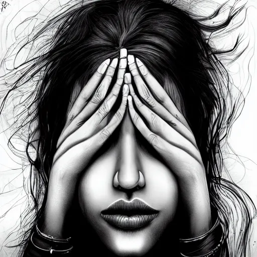 Image similar to Stunning portrait of Indian womans face with her hands covering her eyes, black ink is pouring down from her eyes, music album cover, artstation, pixivi