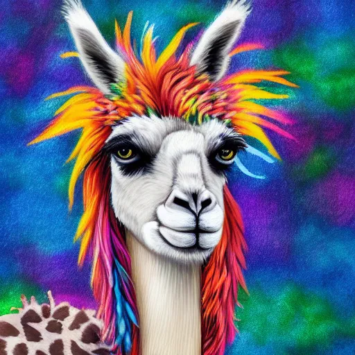 Prompt: portrait of a cute fluffy llama with colorful giraffe spots and mohawk hairstyle hybrid animal detailed painting 4 k