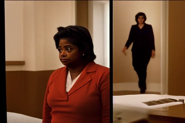 Image similar to cinematic shot from a 1 9 8 5 paranoid thriller, screenshot of octavia spencer confronts at senator joe manchin's ear, in the near future, motel room film directed by stanley kubrick, color theory, anamorphic lenses, beautiful cinematography, leading lines, photorealistic, volumetric lighting, 4 k