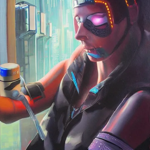 Image similar to cyberpunk tube prosthetics hooking someone up to the internet, painting by trevor browne