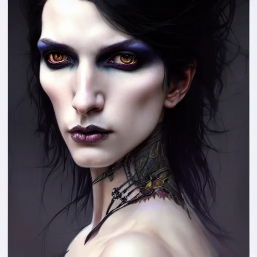 Prompt: portrait painting of an androgynous gorgeous witch with shoulder length black hair pale skin and beautiful eyes wearing badass punk clothes, ultra realistic, concept art, intricate details, eerie, highly detailed, photorealistic, octane render, 8 k, unreal engine. art by artgerm and greg rutkowski and magali villeneuve and alphonse mucha