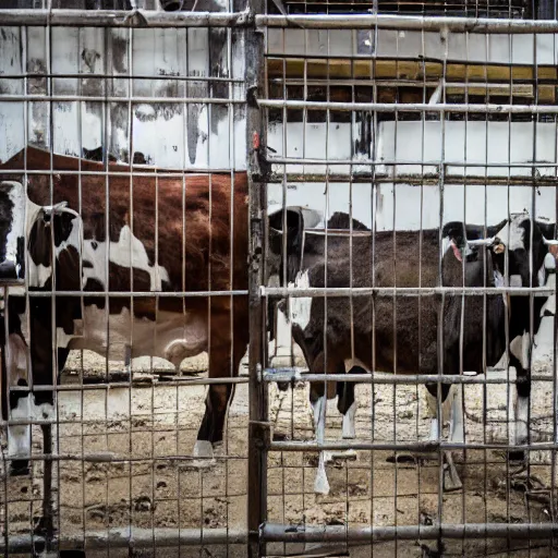 Image similar to dirty bottle of milk and a cow inside a cage, inside slaughterhouse