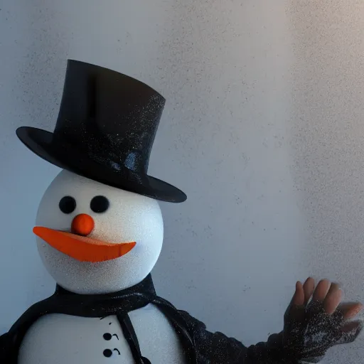 Prompt: a highly detailed humanoid snowman in business suit with black eyes and mouth, no nose, hyperrealism, professional, octane render