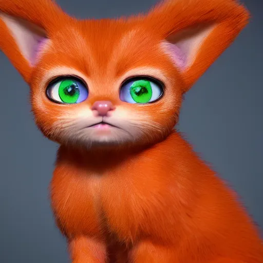 Image similar to orange kitten big eyes a lot of fur cute highly detailed high - quality photo realistic 8 k octane render blender