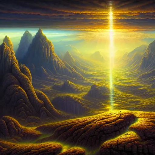 Image similar to of an impossible landscape with a infinite multi dimension portal, a beautiful ultradetailed matte painting a lush mountain range at dusk by tomasz alen kopera and Justin Gerard and Dan Mumford, tarot card, dazzling energy, ultra wide angle shot, high angle shot, intricate, fractal magic, rays of god, hyperdetailed, micro details, volumetric lighting, 8k, ray tracing, polarized lens