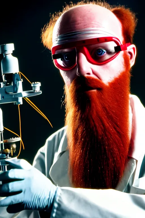 Image similar to an awkwardly tall scientist with 3 eyes and a tangled beard and unruly red hair atop his balding head wearing a labcoat and welding goggles and holding a beaker, high resolution film still, movie by Ivan Reitman