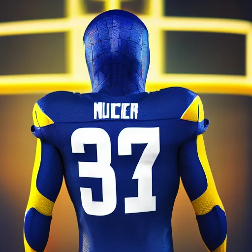 Image similar to a closeup photorealistic photograph of a spider man themed la rams football player. professional capture. bright scene. this 4 k hd image is trending on artstation, featured on behance, well - rendered, extra crisp, features intricate detail, epic composition and the style of unreal engine.