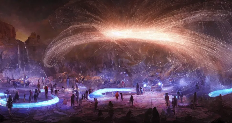 Image similar to night, a lot of people and a spiral - shaped white luminous attractor is floating in grand canyon, concept art, art for the game, professional lighting, art