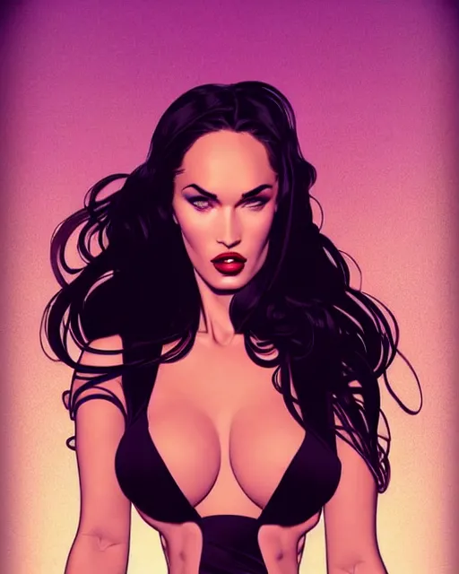 Image similar to low angle closeup beautiful very seductive megan fox retro scifi goddess pinup, action glamour pose, windblown dark hair, hyper detailed, digital art, studio lighting, smooth, ambient lighting, sharp focus, frank miller, wlop, anna dittmann, moebius!, alphonse mucha, patrick nagle!!!, rim lighting, synthwave
