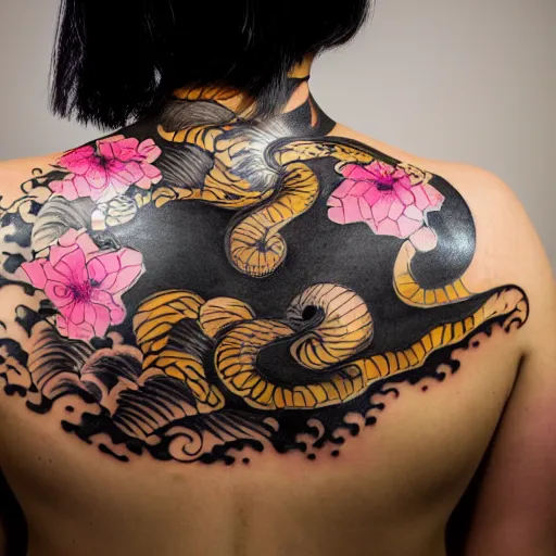 Image similar to photography of the back of a woman with a black detailed irezumi tatto representing a gold tiger with pink flowers on her entire back, mid-shot, editorial photography