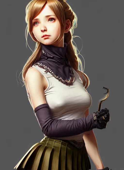 Image similar to portrait of a full body of beautiful young female detective, d & d, sleeveless turtleneck, pleated skirt, fantasy, flat lighting, intricate, highly detailed, digital painting, artstation, concept art, smooth, sharp focus, illustration, misa amane, art by simon bisley and greg rutkowski and alphonse mucha, natural tpose