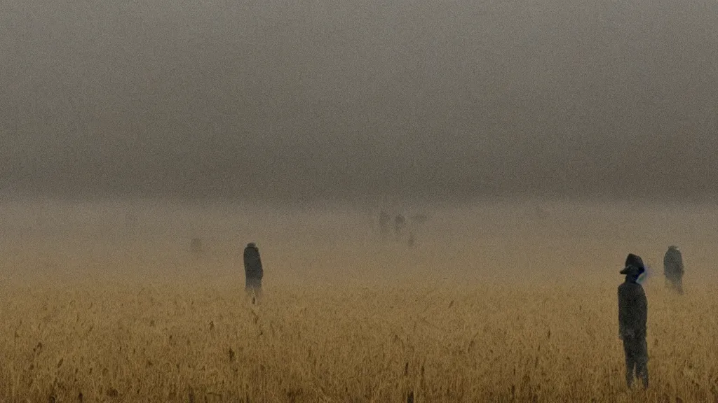 Image similar to crowd skeleton standing in a stomry, foggy wheat field, in the style of andrew wyeth, fine details