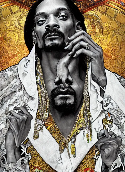 Image similar to Snoop Dog as God of Weed, brutal, epic, intricate, elegant, highly detailed, digital painting, 4k, HDR, concept art, smooth, sharp focus, illustration, art by alphonse mucha,artgerm, H R Giger