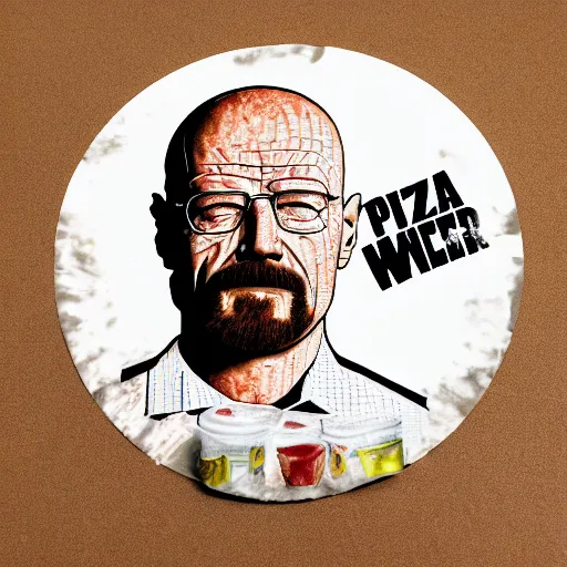 Image similar to pizza made of walter white figurine stickers, unreal, render, splash, award winning photograph