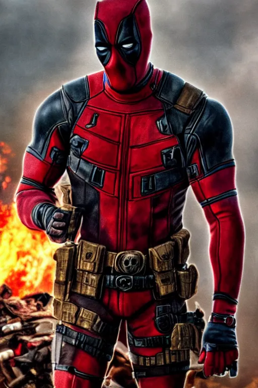 Image similar to realistic photograph of a rugged deadpool in the middle of battle, highly detailed, cinematic, portrait, close - up,