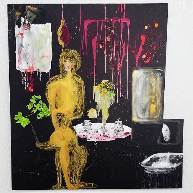 Image similar to “ a portrait in a female art student ’ s apartment, sensual, a golden doodle theme, art supplies, paint tubes, ikebana, herbs, a candle dripping white wax, black walls, squashed berries, berry juice drips, acrylic and spray paint and oilstick on canvas, surrealism, neoexpressionism ”