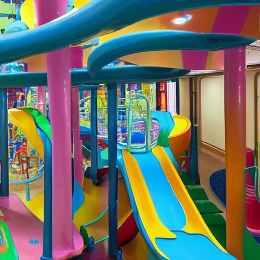 Prompt: Slides in an indoor playground, in the style of M. C. Escher