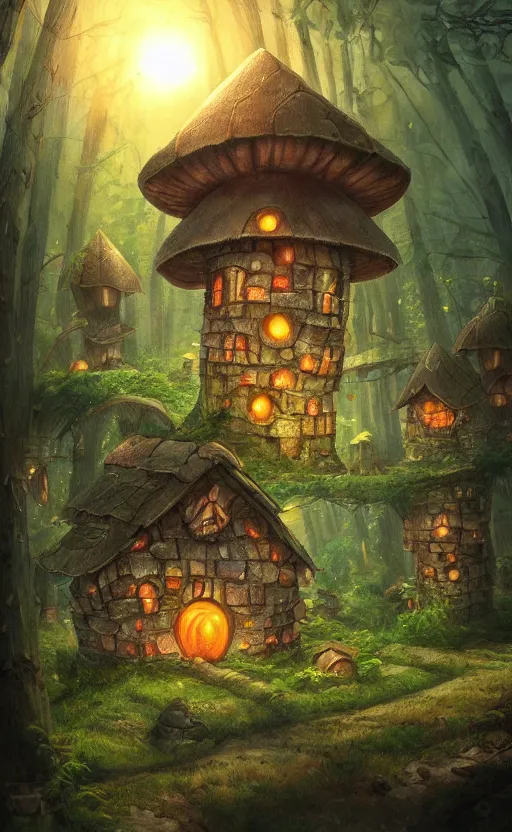 Image similar to a mushroom house in the middle of a forest at night, the lights are on, dynamic lighting, photorealistic fantasy concept art, trending on art station, stunning visuals, creative, cinematic, ultra detailed