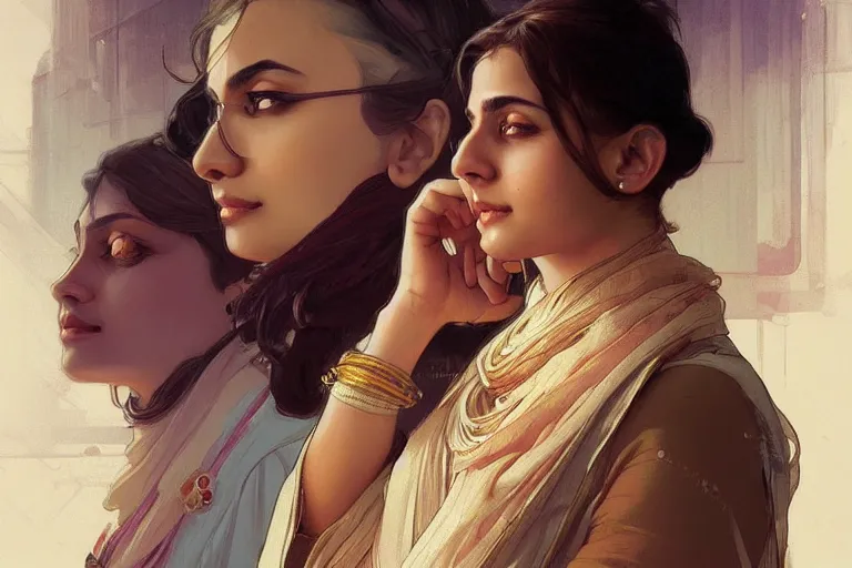 Image similar to Anxious good looking pale young Indian doctors talking, portrait, elegant, intricate, digital painting, artstation, concept art, smooth, sharp focus, illustration, art by artgerm and greg rutkowski and alphonse mucha