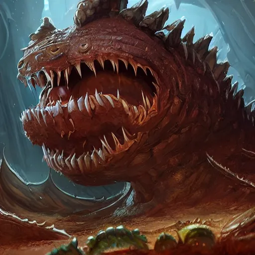 Prompt: a giant worm beast, worm monster, worm mouth, worm round mouth, rock and dust, worm brown theme, bright art masterpiece artstation. 8 k, sharp high quality artwork in style of jose daniel cabrera pena and greg rutkowski, concept art by tooth wu, blizzard warcraft artwork, hearthstone card game artwork, monster teeth