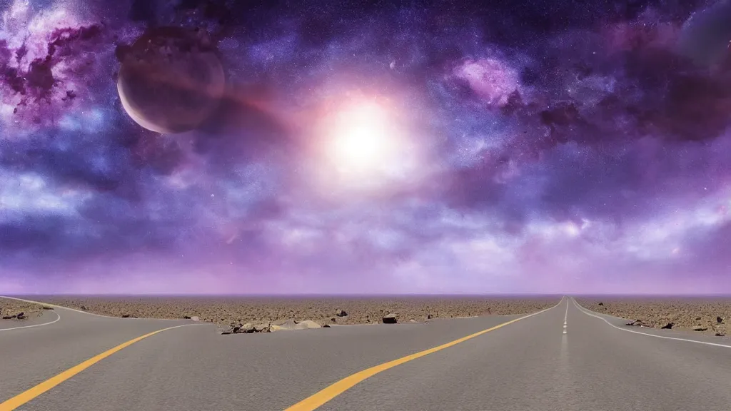 Image similar to a picture of a road in the middle of the purple desert. sky is very clear and blue. a planet is seen rising from the horizon. an ambient occlusion render, space art, terragen, sci - fi