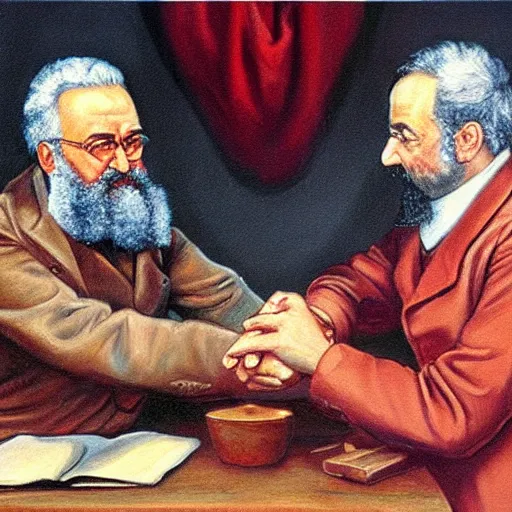 Prompt: oil painting of karl marx and friedrich hayek arm wrestling