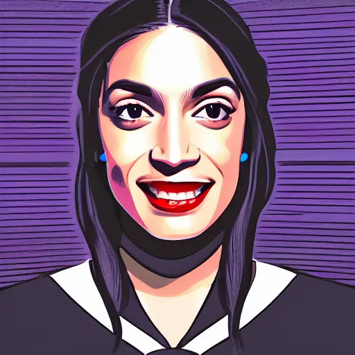 Image similar to smiling, happy, beautiful, intelligent, powerful alexandria ocasio - cortez, loving eyes, fully clothed, wise, beautiful, dramatic lighting, sharp focus, art deco patterns by stanley artgerm, retro futurism, dramatic lighting, trending on artstation, flat colour, geometric curves, gradient filter