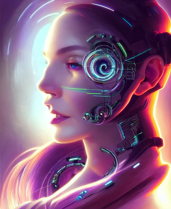 Image similar to a whirlwind of souls rushing inside the metaverse, hologram, half body, neurochip, shaved temple, piercing, jewelry, android, cyborg, cyberpunk face, by loish, d & d, fantasy, intricate, elegant, highly detailed, colorful, digital painting, artstation, concept art, art by artgerm and greg rutkowski and alphonse mucha