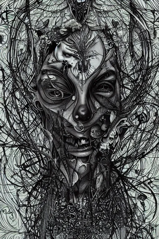 Image similar to ' there are bugs in my skin, android jones, bugs, dark atmosphere, skull, morbid, detailed linework, malice, psychedelic, coherent, clean, artistic