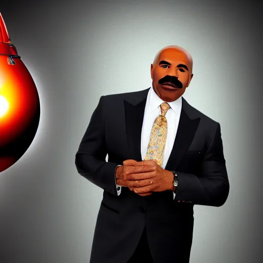 Image similar to steve harvey posing next to a nuclear bomb, detailed face, 4 k, deviantart