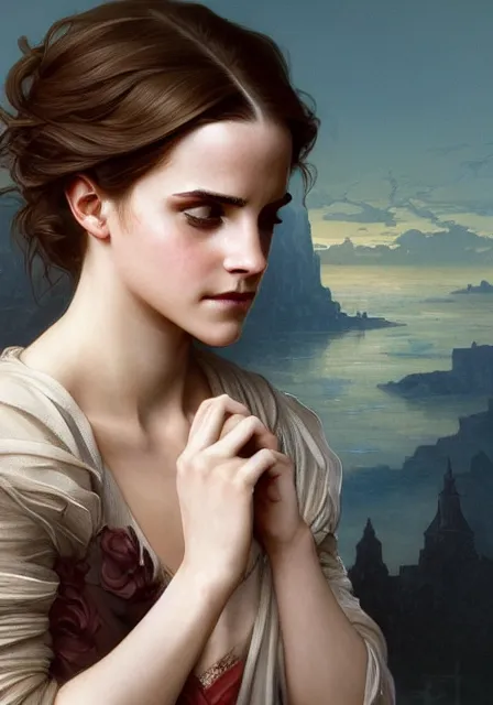 Image similar to emma watson, intricate, elegant, highly detailed, digital painting, artstation, concept art, smooth, sharp focus, illustration, art by artgerm and greg rutkowski and alphonse mucha and william - adolphe bouguereau