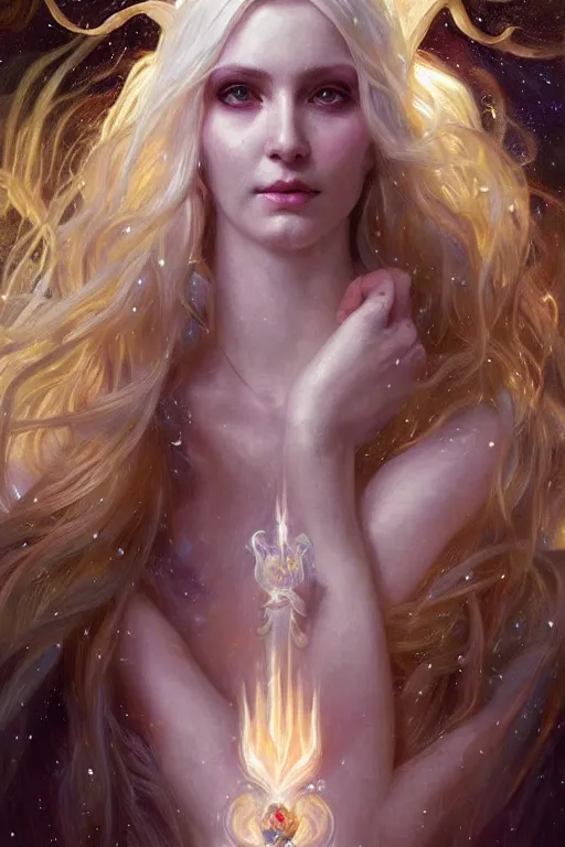 Image similar to realistic portrait of a beautiful white witch, crafting spells, bright witch, beautiful face, fantasy, chaos, magic, dark magic, dramatic lighting, intricate, wild, highly detailed, digital painting, artstation, concept art, smooth, sharp focus, illustration, art by artgerm and greg rutkowski and alphonse mucha, footage from space camera