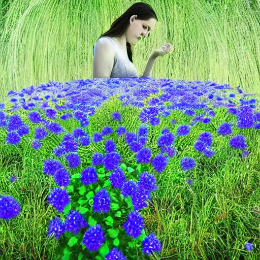 Prompt: epic realistic photo human body made of blue wild flowers