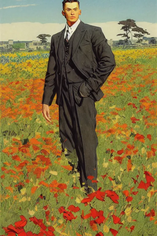 Image similar to attractive man in flower field, muscular, painting by j. c. leyendecker, yoji shinkawa, katayama bokuyo