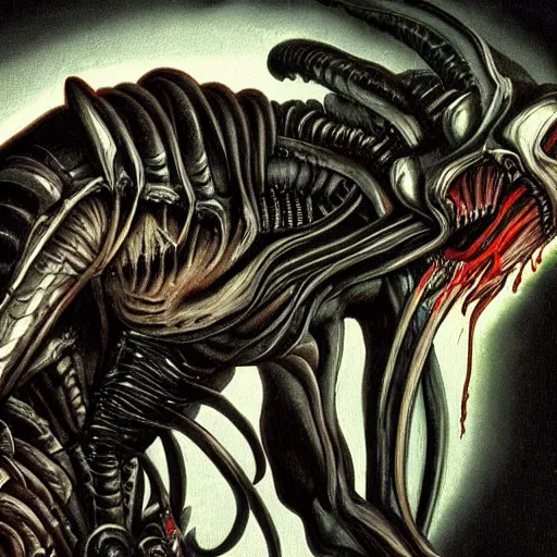 Image similar to gothic painting of a xenomorph, epic detail, stunning, grand, sharp focus,