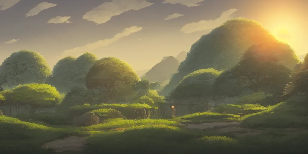 Image similar to evening, landscape, no people, Ghibli, Anime Background, Miyazaki Hayao, concept art, illustration,smooth, sharp focus, intricate, super wide angle, trending on artstation, trending on deviantart, 4K